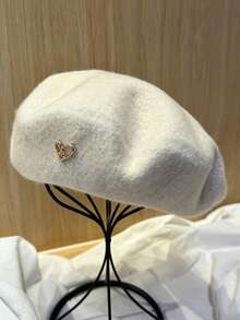 1pc/2pcs Women's Solid Color Wool Warm Beret, French Style Classic Rimless Beret, Suitable For Casual And Party Wear, Metal Heart Decoration, Candy Color Dopamine Style Autumn/Winter Hat - Heart Logo Beret - View 16