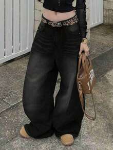 Teen Girl Fashion Versatile Pocket Loose Wide Leg Denim Jeans - Black - View 4