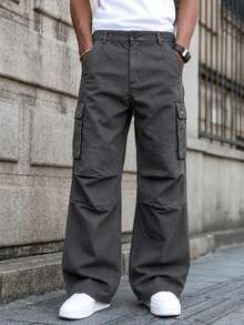 Men's Minimalist Loose Long Solid Color Cargo Pants, Suitable For Autumn, Street Style Cargo Pants, Personalized Multi-Pocket Practical Lumberjack Pants, Wide Leg Pants - Grey - View 3