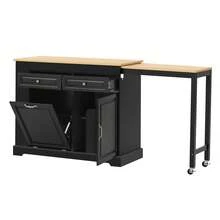 Kitchen Island On Wheels, Kitchen Island With Retractable Dining Corner, Trash Compartment And Drawers, Mobile Freestanding Kitchen Island, Ideal For Kitchen And Dining Room (Black) - 黑色+自然木色 - 查看 7