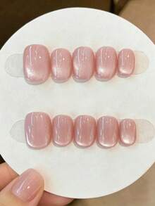 10pcs Handmade Press-On Nails, Short Oval Pink Y2K Minimalist Gentle Cat Eye Solid Color Manicure, Suitable For Women And Girls, Spring Summer Autumn Winter Holiday Party And Daily Wear - Pink - View 4
