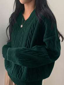 EAVA 女款極簡 V 領寬鬆休閒針織上衣，低調老錢風，情人節 - 墨綠色 - 查看 3