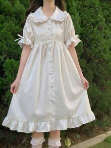 1 pieza Vestido con cuello Peter Pan, lazo, mangas abullonadas y volantes en el bajo, estilo Lolita, adecuado para uso diario en verano, Halloween y primavera - Multicolor - Ver 4