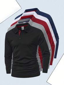 Men's Long Sleeve Polo Shirt, Contrast Red Placket Soft Fabric Casual Top With Fitted Cuffs For Daily Business Golf Wear - Black - View 7