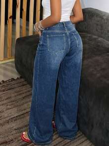 Women's Vintage Wide Leg Denim Jeans, Casual Long Non-Stretch Button Detail Jeans, Suitable For Daily Wear Fall - Blue - View 2