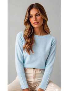 Basic Knit Sweater Blouse With Pearl Detail, Polyester, Pearls, Nightwear - Blue - View 2