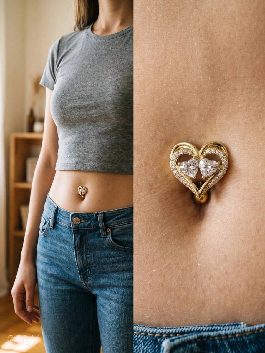 1Pc Sweet Style Stainless Steel Hollow Double‑Heart Paved Zirconia Dangle Belly Ring Belly Button Piercing Jewelry For Women Daily Wear Party Beach - Multicolor - View 1