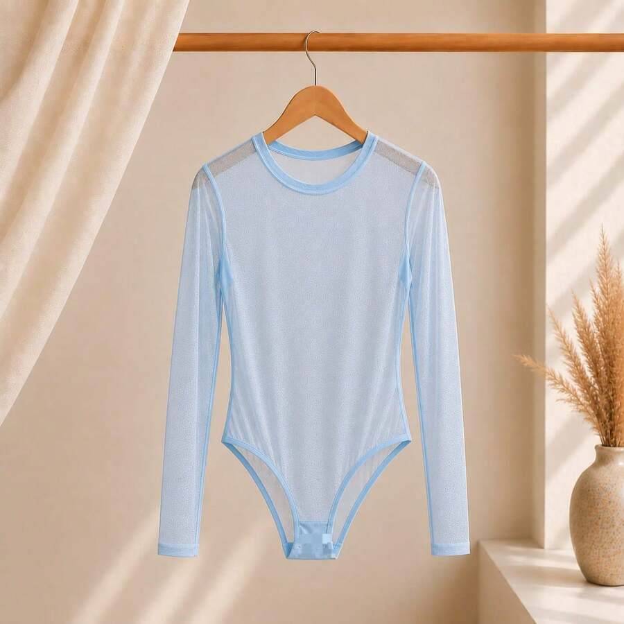 Basic Tulle Bodysuit With Long Sleeves - Fall/Winter 2025 Fashion - Baby Blue - View 1