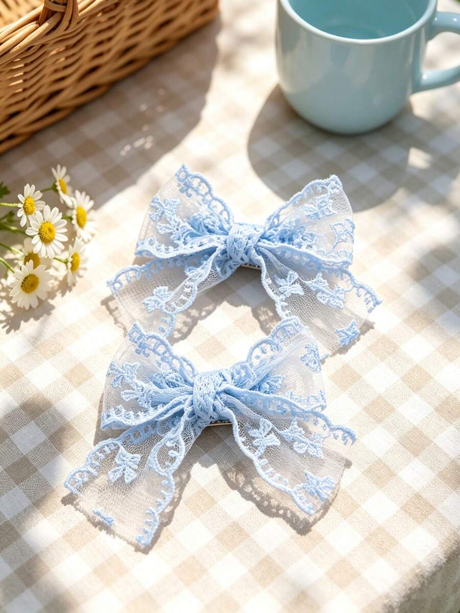 2pcs Blue Lace Hair Bow For Teen Girls, Delicate Bow Knot Alligator Clip, Daily Hairpin Set, Sweet Teen Girls Hair Accessories - Blue - View 1