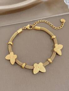 Set/1 Pieza Pulsera de Cadena de Malla Ancha de Acero Inoxidable con Mariposa, Zirconia y Flores Doradas Minimalistas, Conjunto de Joyería para Mujer, Fiesta, Diario, San Valentín/Cumpleaños/Navidad - Multicolor - Ver 7