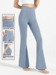Never me Women's Sports Long Pants With Crossover Waist, Shaping Flared Leg, Seamless Wide Waistband, Hip-Flattering - Sky Blue - View 3