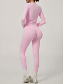 NcmRyu Women's One Set Solid Color Seamless Round Neck Short Sleeve Butt Lifting Tight Cropped Pants Sports Outfit - Pink - View 4