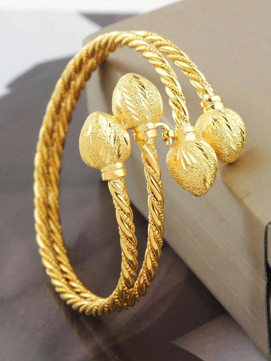 Two Twisted Wire Nail Sand Flower Double Heart Super Popular Open Bracelet - Multicolor - View 1