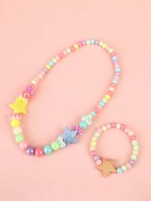 2pcs/Set Girls Cute Necklace & Bracelet Set, Decorated With Heart, Star And Butterfly Beads, Suitable For Daily Wear And Party Gifts - Multicolor - View 2