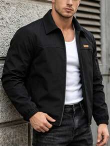 Men's Outdoor Sports Turn Collar Jacket, Solid Color Versatile Casual Outerwear, Durable Business Wear - Black - View 3