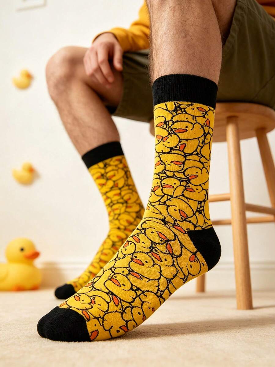 1 par de calcetines de tripulación con estampado de pato amarillo unisex, adecuados para todas las estaciones, diseño para parejas, otoño - Multicolor - Ver 1