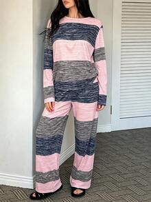 女款條紋拼色圓領長袖上衣與長褲家居服套裝 - 彩色 - 查看 1