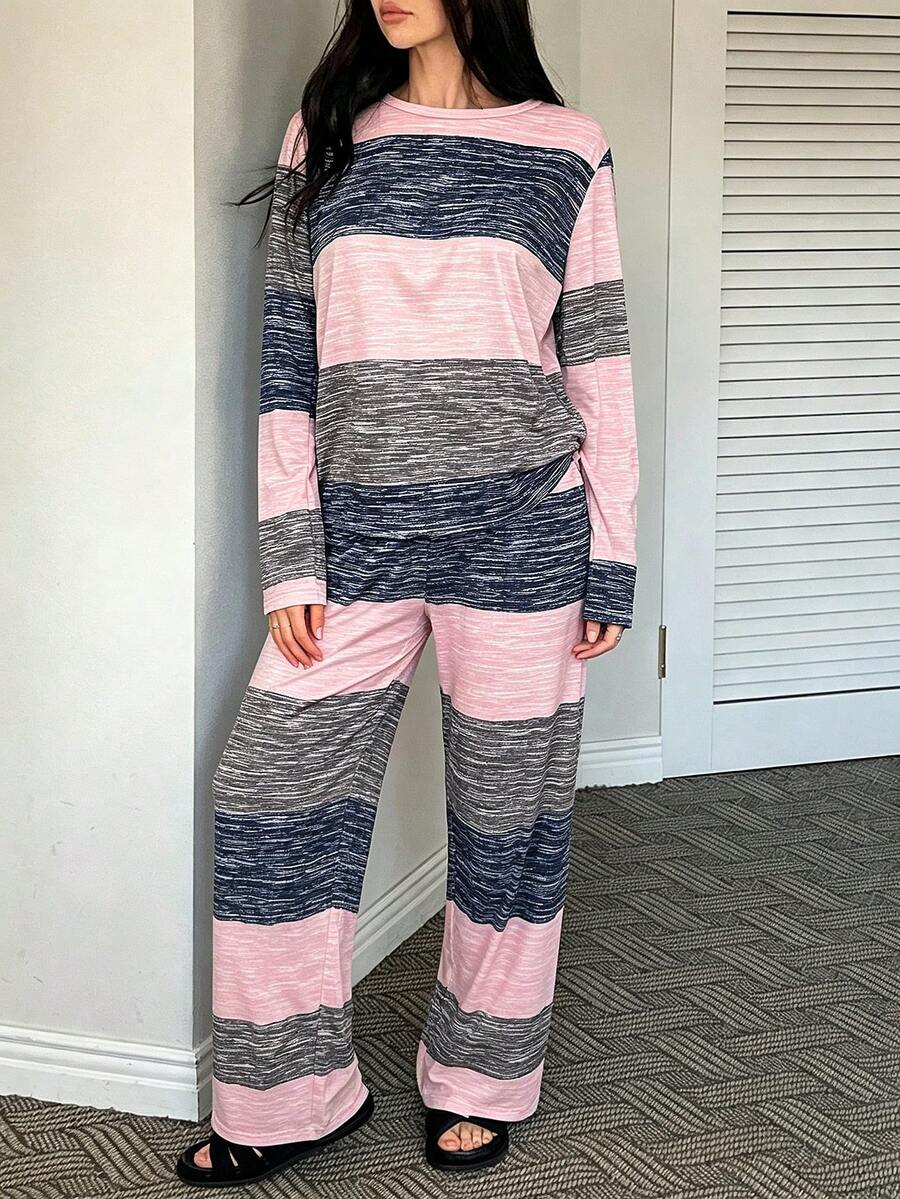 女款條紋拼色圓領長袖上衣與長褲家居服套裝 - 彩色 - 查看 1