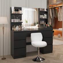 Devoko Vanity Table With LED Mirror & Power Outlet, Dressing Table With 7 Drawers, Hair Dryer Holder & Jewelry Hooks, White/Black/Pink - 查看 2