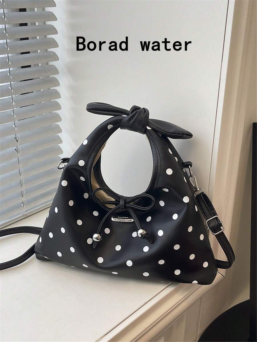 Polka Dot Pattern Handbag Crescent Bag Women's Pleated Bag Solid Color Cloud Crescent Bag Bow Tie Drawstring Casual Bag Shopping Women's Bag Shoulder Crossbody Bag Gift Shopping Commuting - Black - View 1