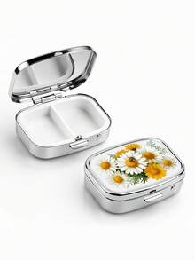 1pc Elegant Yellow & White Daisy Pattern Square Portable Small Pill Box, High-Quality Durable Metal Shell, 2-Layer Storage For Pills, Vitamins And Keepsakes, Pocket Size, Creative Gift - Multicolor - View 6