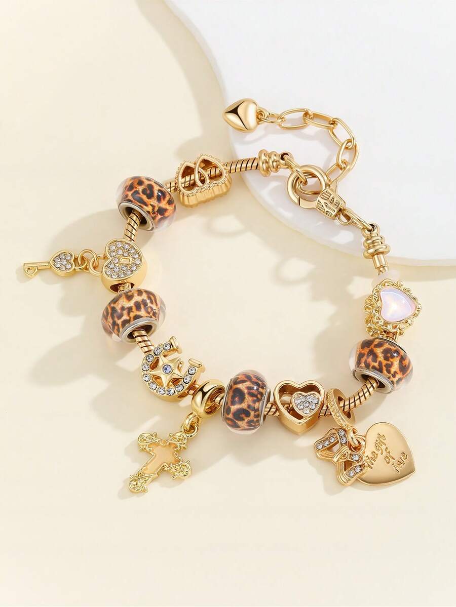 1pc Leopard Print Beaded Charm Gold Adjustable Snake Chain Bracelet ...