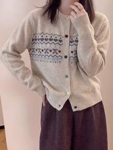 女款秋冬極簡復古花卉印花圓領開襟羊毛衫 - 燕麥色 - 查看 3