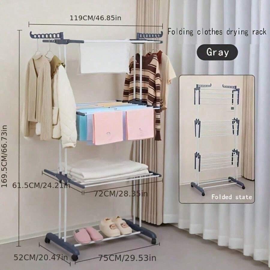 4-Layer Foldable Clothes Drying Rack with Wheels, Space-Saving Laundry Tower with 6 Folding Wings and 2 Rotating Side Arms for Indoor and Outdoor Use, Drying Racks - Standard - Übersicht 1