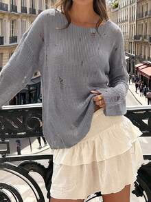 Autumn New Loose Hollow-Out Distressed Slouchy Long Sleeve Air Conditioning Shirt Sun Protection Top - Grey - View 5