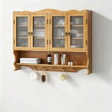 100 Cm Retro Wall Cabinet With 4 Doors, Two-Tier Storage And Open Hook Shelf, Suitable For Bathroom, Kitchen, Dining Room, Brown - 自然色 - 查看 5