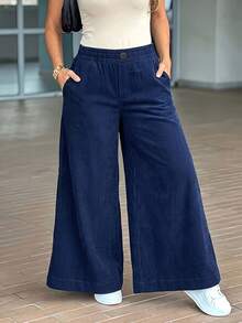 Women's Fashion Polyester Wide Leg Pants With Pockets, Long Corduroy Flare Pants, Suitable For Autumn Wear - Navy Blue - View 5