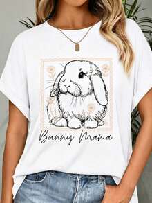 Camiseta 100% Algodón con Diseño Gráfico de Conejita Mamá Holland Lop, Linda Camiseta con Arte de Conejo Lop para Mujer - Blanco 5 - Ver 1