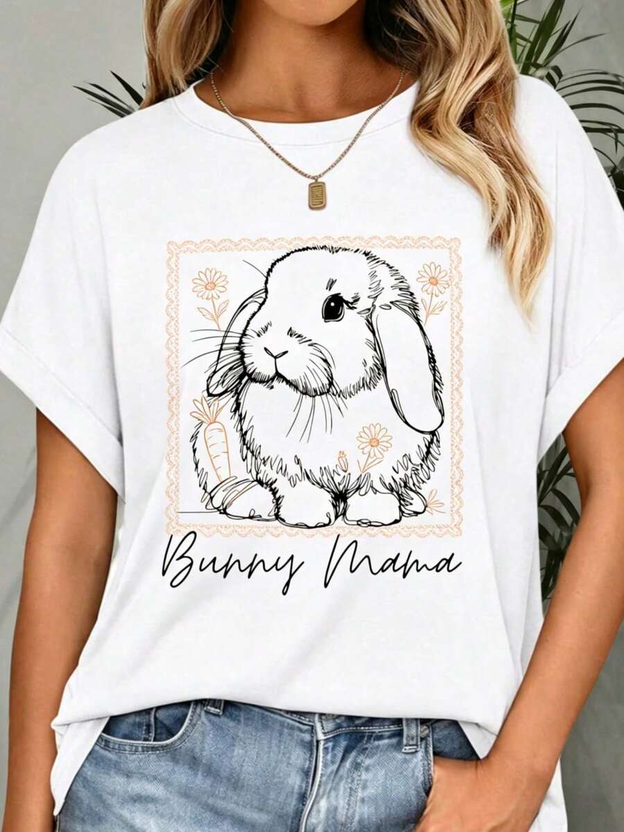 Camiseta 100% Algodón con Diseño Gráfico de Conejita Mamá Holland Lop, Linda Camiseta con Arte de Conejo Lop para Mujer - Blanco 5 - Ver 1