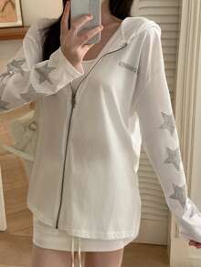 Rhinestone + Sword Zipper Pull + Gunmetal Zipper Casual Sun Protection Cover-Up Shirt For Women White - White - View 6