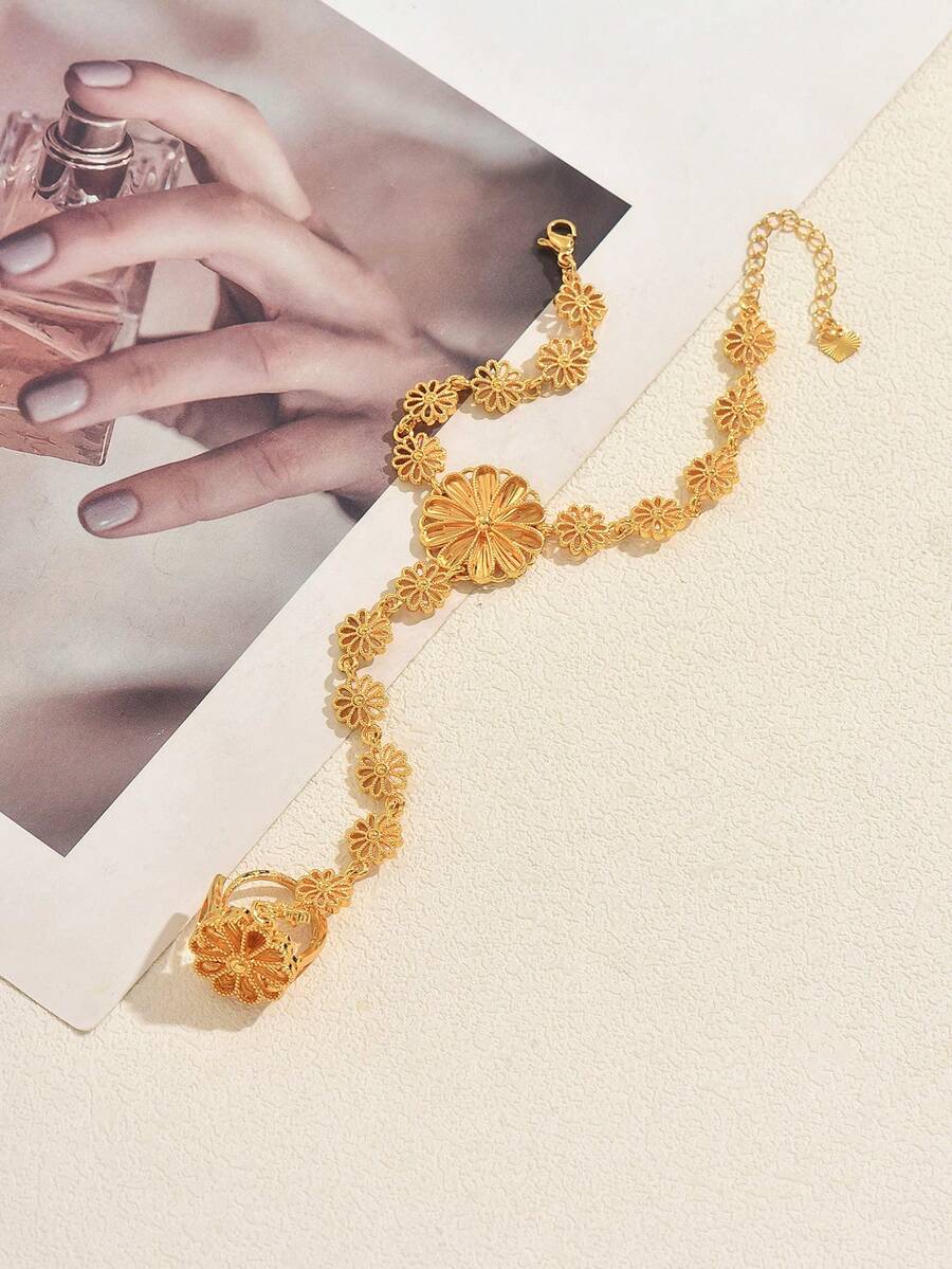 1pc Elegant Exotic Sunflower Single Finger Ring Bracelet, Suitable For Women's Banquet, Party, Wedding - Gold - View 1