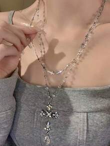 1pc Y2K Gothic Double Layer Crystal Bead Cross Rhinestone Water Drop Pendant Necklace, Stackable For Women And Girls, Punk Street, Nightclub Party, Daily Date, Hip-Hop Dark Style Neck Accessory - Cross Pendant Necklace - View 11