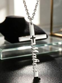 1pc Customized Name Necklace, Stainless Steel Cross Pendant Necklace, Personalized Birthday Gift For Women, Minimalist Daily Style, Comes With Gift Box, Suitable For Valentine's Day, Birthday, Mother's Day, Daily Gifting, Vertical Name Necklace - Multicolor - View 15