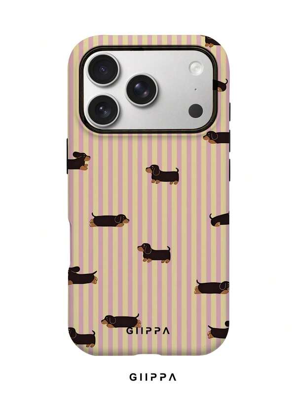GIIPPA 1pc Pink And Yellow Vertical Striped Background With Dachshund Dog Pattern Design, Phone 17 Pro Max Phone Case, Compatible With Phone 16 Pro Max, 15 Pro Max, 14 Pro Max, Korean-Style High-End Fashionable And Fun Phone Case, Compatible With 11/12/13/14/15/16 Pro Max Plus, Elegant Design Suitable For Men And Women, Perfect Gift For Girlfriend On Christmas, Valentine's Day, Easter, Wedding Season And Birthday!