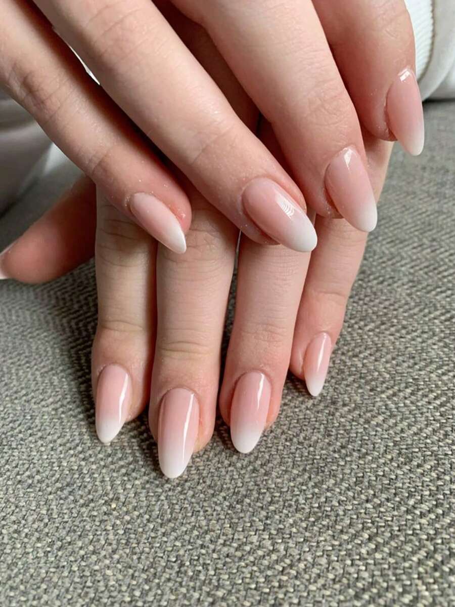 Mother's Day, Daily Wear, 24pcs Long Pointed Nude To White Gradient Fake Nails, Includes 1 Nail File And 1 Sheet Jelly Glue Press-On Nails, Nail Art Supplies