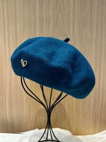 1pc/2pcs Women's Solid Color Wool Warm Beret, French Style Classic Rimless Beret, Suitable For Casual And Party Wear, Metal Heart Decoration, Candy Color Dopamine Style Autumn/Winter Hat - Heart Logo Beret - View 9