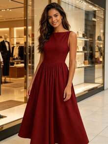 MODA MO, REF: H978 Women's Dress, Long Dress, Sleeveless, Round Neckline, High Waist, Open Back, Dress With Zipper, Slim Fit, A-Line Dress, Elegant, Modern, Lightweight, Comfortable, Versatile, Refined Look, Casual Chic Dress, Dress For Events, Sophisticated Look, Summer Dress, Quality Finish, Feminine Style. - 酒紅色 - 查看 7