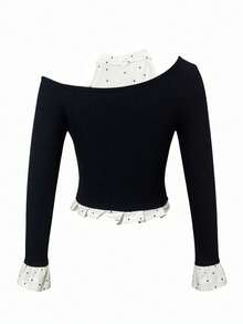 Women's 2-In-1 Polka Dot Long Sleeve Knit Top, Patchwork Fashion Top, Spring/Summer Black - Black - View 9