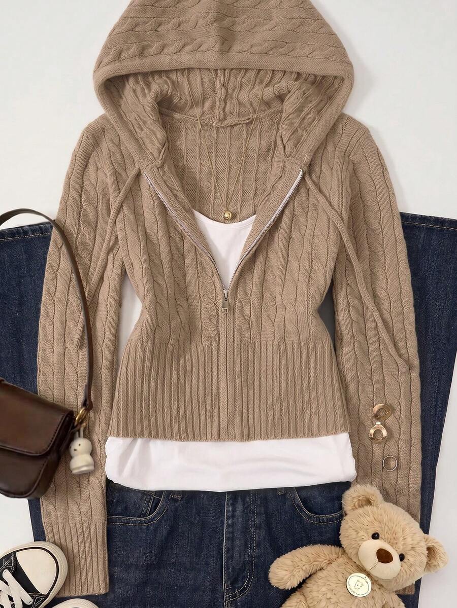 Women's Casual Cute Y2K Cable Knit Zip-Up Hooded Cardigan Sweater - Khaki - View 1