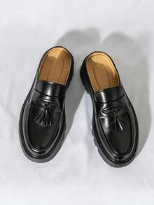 Black Tassel Loafer Mule Half-Slip-On Men's Backless Slip-On Shoes With Thick Serrated Platform Sole, Invisible Height Increase, British Street Style Spring/Summer Commute Versatile Slouchy Outdoor Sandals - Black - View 7