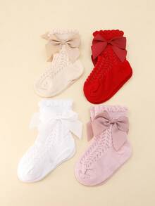 4 Pairs Girls Breathable Bow Princess Style Cute Baby Socks For Daily Use - Multicolor - View 2