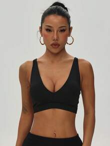 Women's Solid Color Removable Padded Criss-Cross Strap Knit Sports Bra - Black - View 5