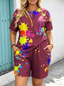 Setelan Wanita Ukuran Besar 2 Potong Motif Acak, Kaos Lengan Pendek dan Celana Pendek, Pakaian Kasual untuk Liburan Musim Panas yang Elegan - Burgundy - View 2