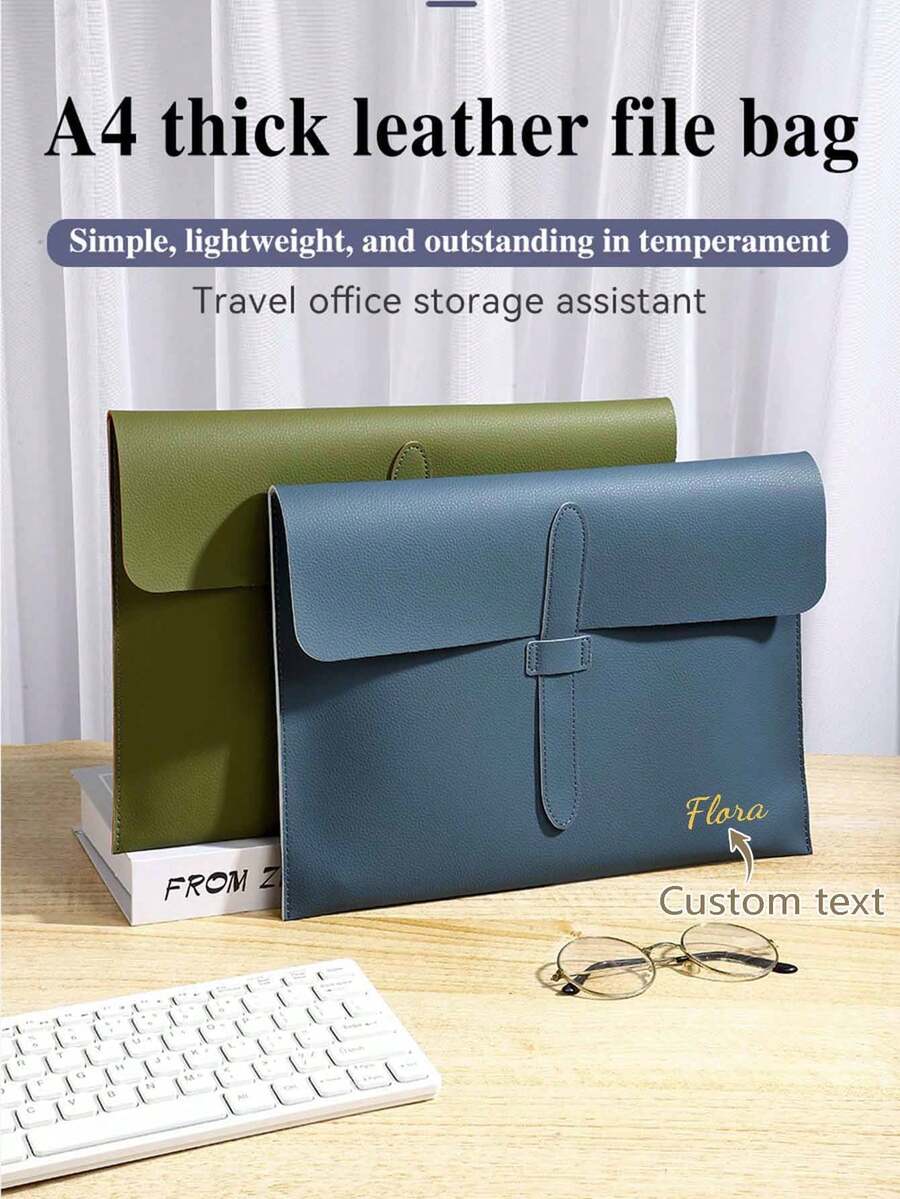 Custom Text Logo Personalized A4 Document Bag, Waterproof Envelope-Style File Storage Bag With Snap Button, Portable Business Folder Bag, Suitable For Office, Travel, School Paper, Receipt And Laptop Storage, Unisex Multi-Color Thickened Leather Folder - Multicolor - View 1