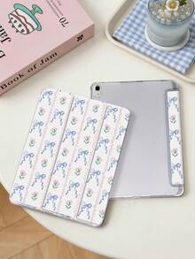 1件 藍色蝴蝶結粉色花朵波浪圖案平板保護殼，相容於 iPad Mini 4/5/6/7/Air/Air 2/9.7/10.2/10.5/10.9 (Air 4-Air 8)/Pro 11/10th Gen/A16/Pro 11 2024、Galaxy A8，彩繪圖案軟殼，三折支架，自動休眠/喚醒，內建筆槽，不含筆 - 彩色 - 查看 3