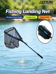 GOTURE 1pc Fishing Landing Net, Foldable Retractable Handle, Durable Nylon Mesh, For Catching Or Releasing Fish - Blue - View 1